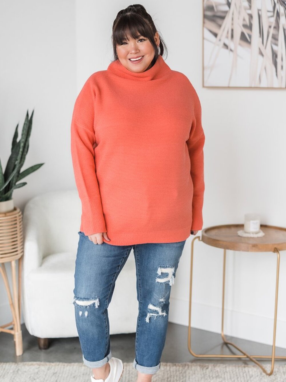 Ribbed Funnel Neck Tunic Sweater